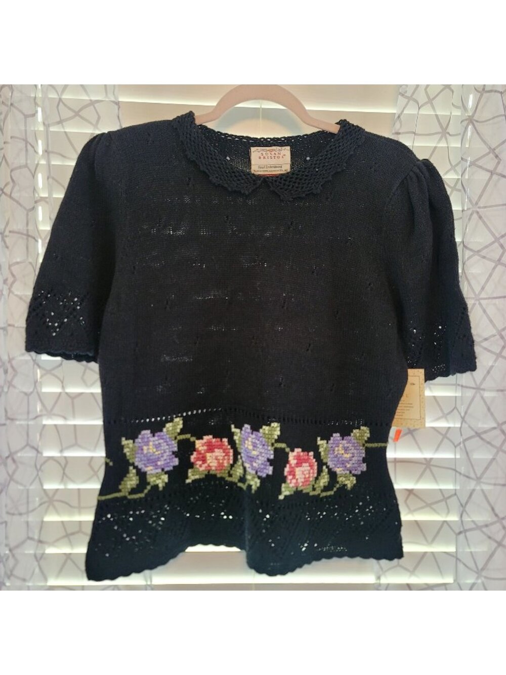 Vintage Susan Bristol Cottagecore Sweater Top 38 M Black Hand Embroider Prairie